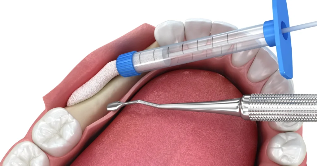 3D illustration of a dental bone graft with syringe and instruments in the jaw, representing Dental Bone Grafting in West Linn, OR.