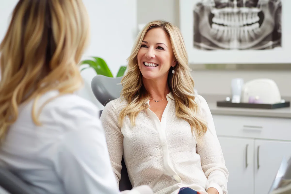 Woman receiving full mouth restoration clinical evaluation at Salathe Dental